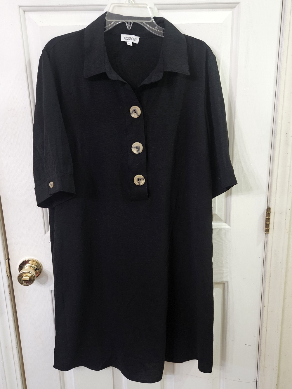 Luxology Black Large Button Popover Collared Loose Fit Shirt Dress | Women's L
